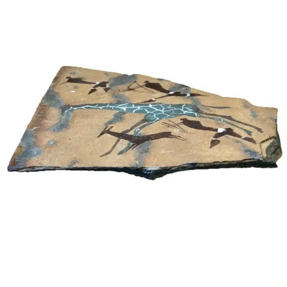 Slate Stone Hand Painted Primitive Hunting Giraffe Art Wall Hanging Decor